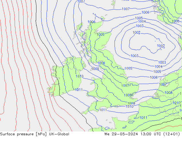 Surface pressure UK-Global We 29.05.2024 13 UTC