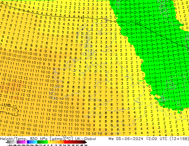 Height/Temp. 850 hPa UK-Global St 05.06.2024 12 UTC