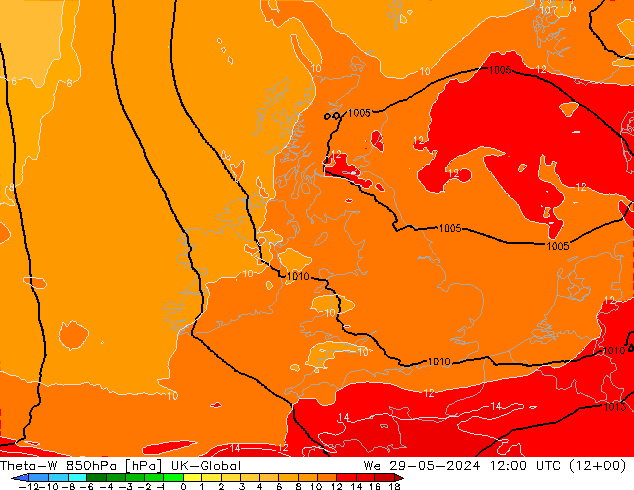 Theta-W 850hPa UK-Global mer 29.05.2024 12 UTC