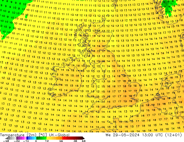 Temperature (2m) UK-Global We 29.05.2024 13 UTC