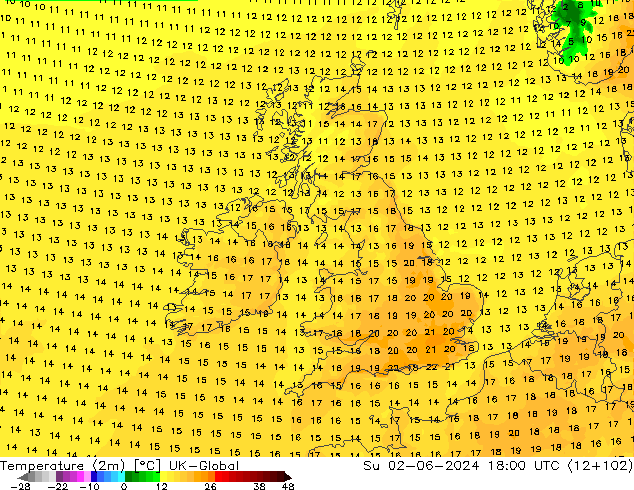 Temperature (2m) UK-Global Su 02.06.2024 18 UTC