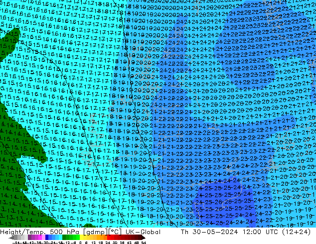 Height/Temp. 500 hPa UK-Global Th 30.05.2024 12 UTC