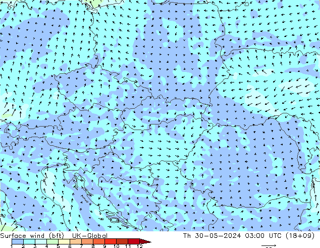 Vento 10 m (bft) UK-Global Qui 30.05.2024 03 UTC