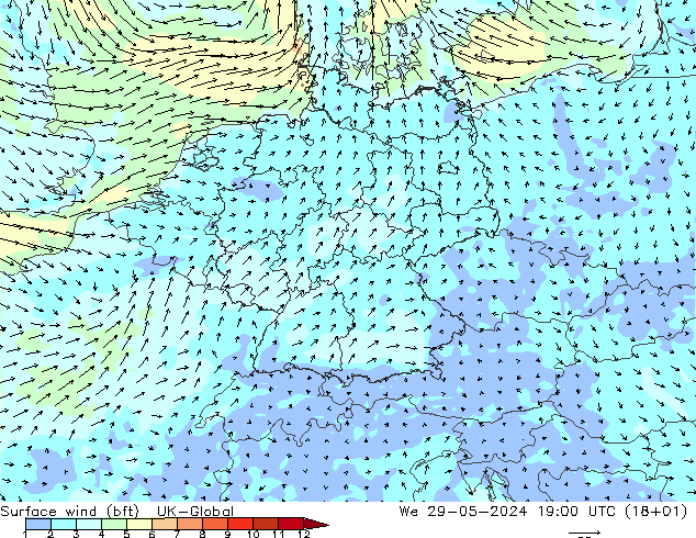 Rüzgar 10 m (bft) UK-Global Çar 29.05.2024 19 UTC