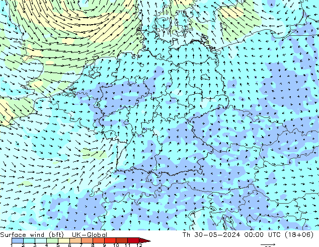 Surface wind (bft) UK-Global Čt 30.05.2024 00 UTC