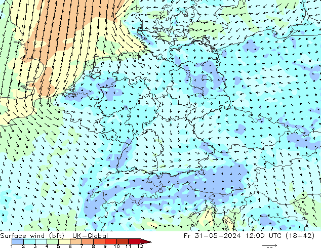 Surface wind (bft) UK-Global Fr 31.05.2024 12 UTC
