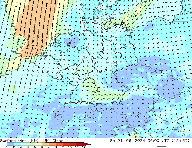 Surface wind (bft) UK-Global Sa 01.06.2024 06 UTC