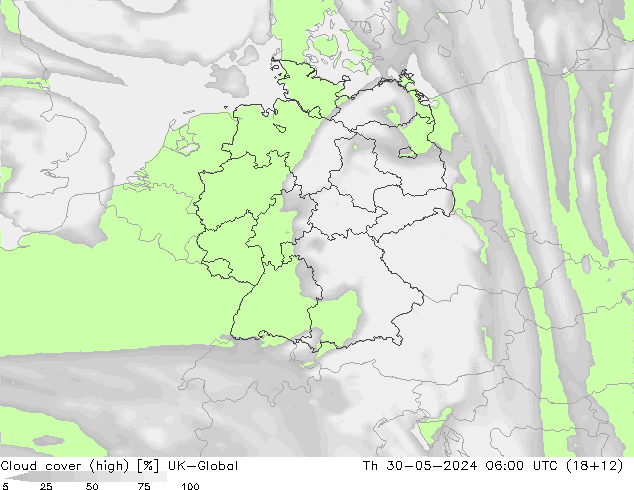 Cloud cover (high) UK-Global Th 30.05.2024 06 UTC