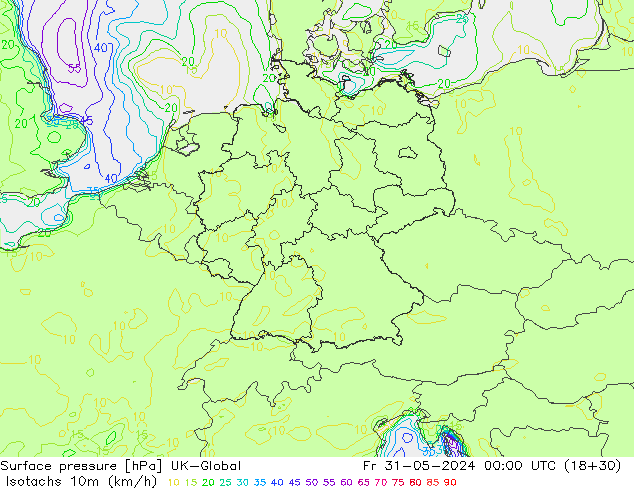 Isotachen (km/h) UK-Global vr 31.05.2024 00 UTC