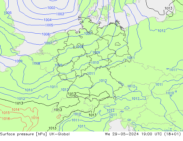 Luchtdruk (Grond) UK-Global wo 29.05.2024 19 UTC