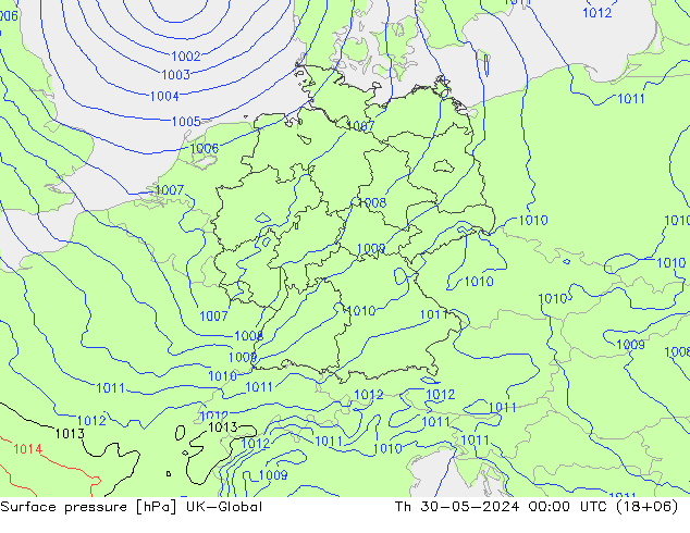 Atmosférický tlak UK-Global Čt 30.05.2024 00 UTC