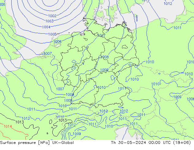 Pressione al suolo UK-Global gio 30.05.2024 00 UTC