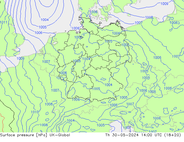 Pressione al suolo UK-Global gio 30.05.2024 14 UTC
