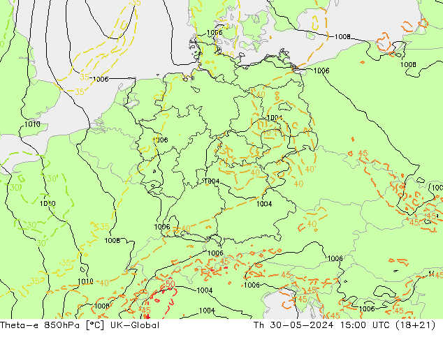 Theta-e 850hPa UK-Global Qui 30.05.2024 15 UTC