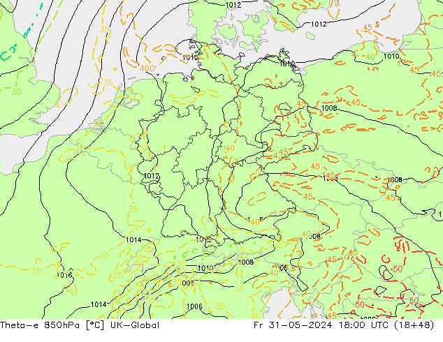 Theta-e 850hPa UK-Global Fr 31.05.2024 18 UTC