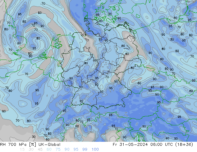 RH 700 hPa UK-Global Fr 31.05.2024 06 UTC