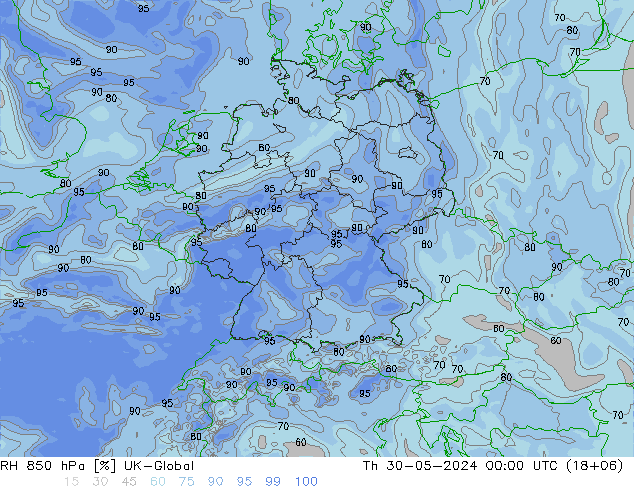 RH 850 hPa UK-Global Čt 30.05.2024 00 UTC