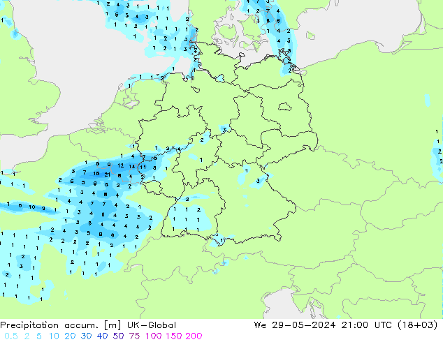 Precipitation accum. UK-Global We 29.05.2024 21 UTC