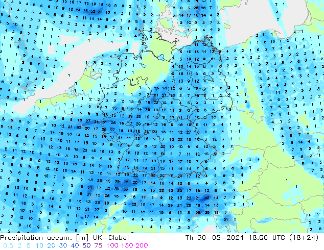 Precipitation accum. UK-Global gio 30.05.2024 18 UTC