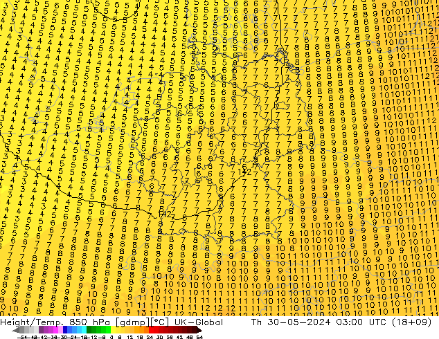 Géop./Temp. 850 hPa UK-Global jeu 30.05.2024 03 UTC