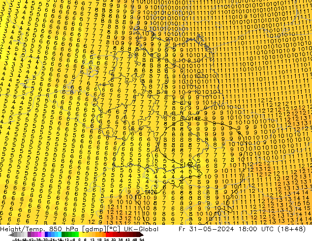 Height/Temp. 850 гПа UK-Global пт 31.05.2024 18 UTC