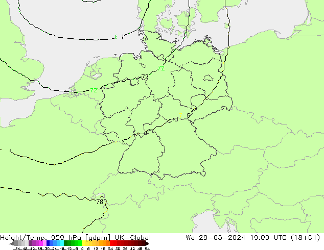 Height/Temp. 950 hPa UK-Global We 29.05.2024 19 UTC