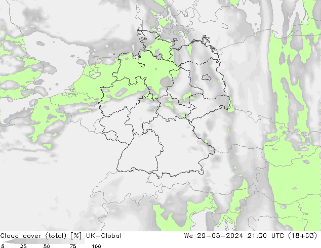 Cloud cover (total) UK-Global We 29.05.2024 21 UTC