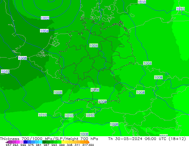 Thck 700-1000 hPa UK-Global Th 30.05.2024 06 UTC