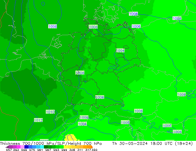 Schichtdicke 700-1000 hPa UK-Global Do 30.05.2024 18 UTC