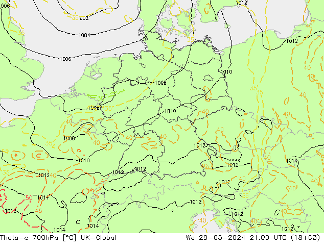 Theta-e 700hPa UK-Global We 29.05.2024 21 UTC