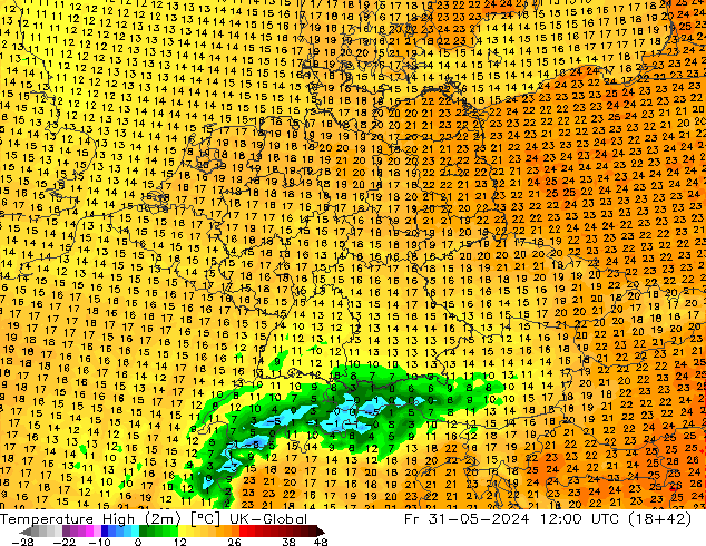 Temperature High (2m) UK-Global Fr 31.05.2024 12 UTC