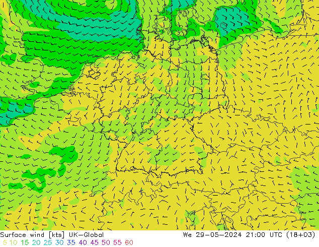 Vento 10 m UK-Global Qua 29.05.2024 21 UTC