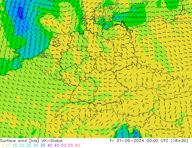 Viento 10 m UK-Global vie 31.05.2024 00 UTC