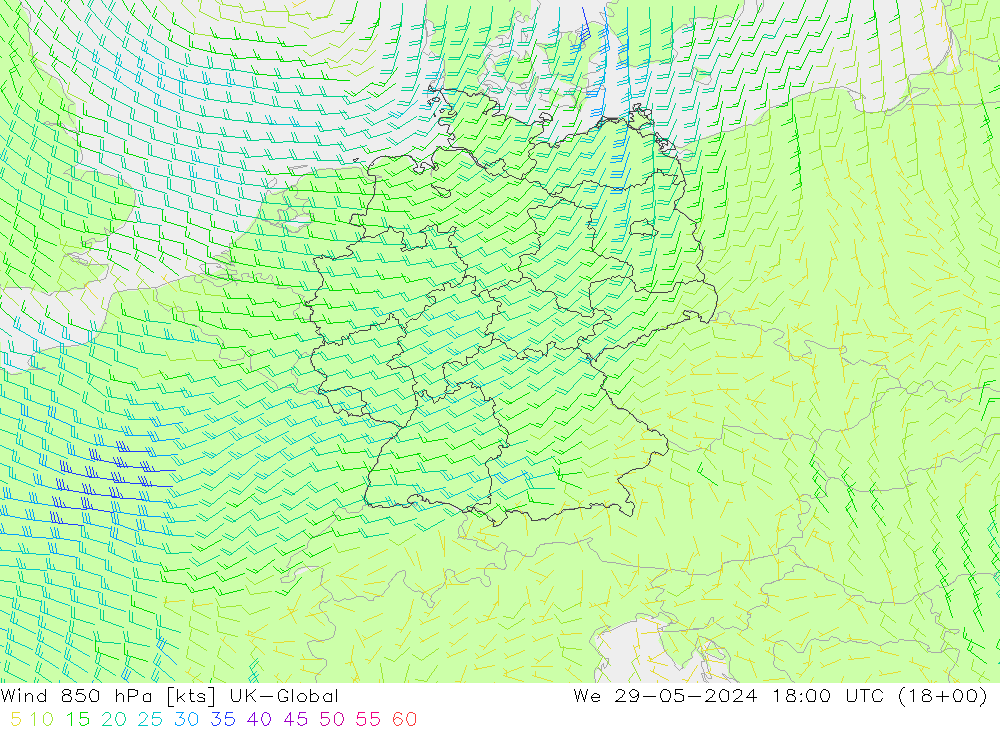 Vento 850 hPa UK-Global Qua 29.05.2024 18 UTC