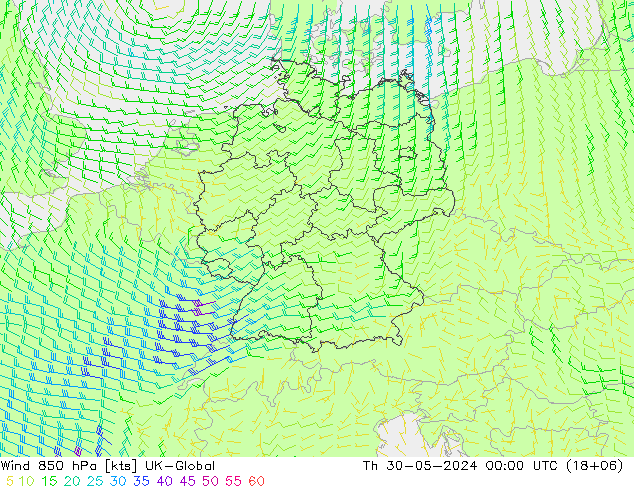 Wind 850 hPa UK-Global Do 30.05.2024 00 UTC