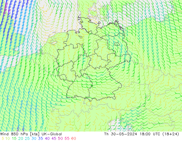 风 850 hPa UK-Global 星期四 30.05.2024 18 UTC
