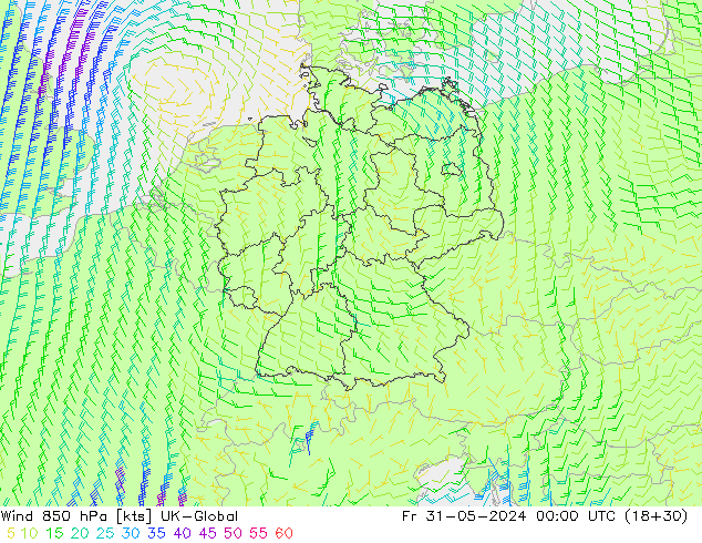 wiatr 850 hPa UK-Global pt. 31.05.2024 00 UTC