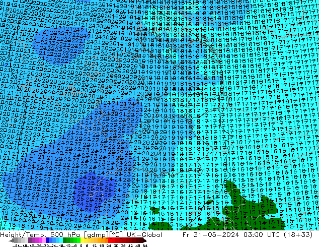 Yükseklik/Sıc. 500 hPa UK-Global Cu 31.05.2024 03 UTC