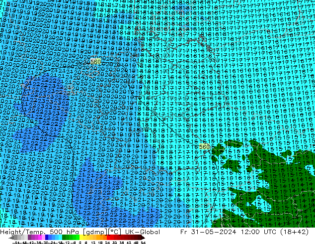 Hoogte/Temp. 500 hPa UK-Global vr 31.05.2024 12 UTC