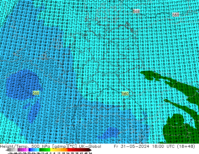 Yükseklik/Sıc. 500 hPa UK-Global Cu 31.05.2024 18 UTC