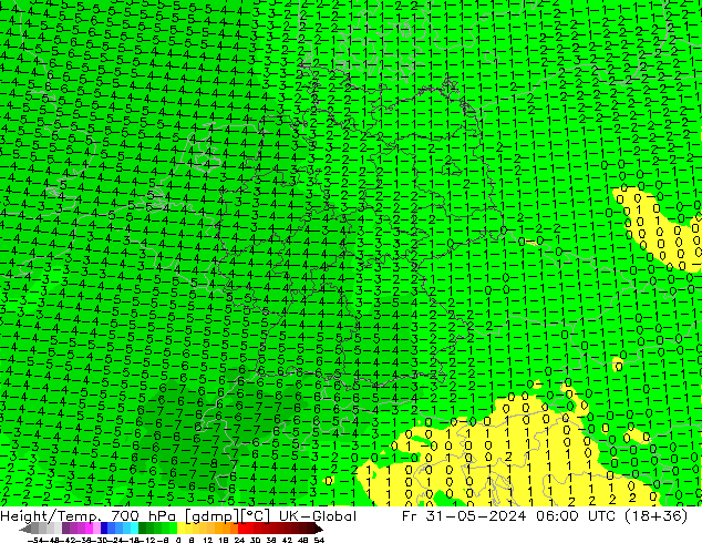 Height/Temp. 700 hPa UK-Global Fr 31.05.2024 06 UTC