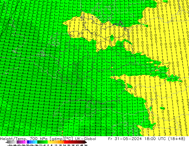 Height/Temp. 700 гПа UK-Global пт 31.05.2024 18 UTC