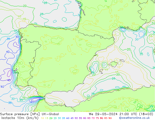 Isotachs (kph) UK-Global ср 29.05.2024 21 UTC