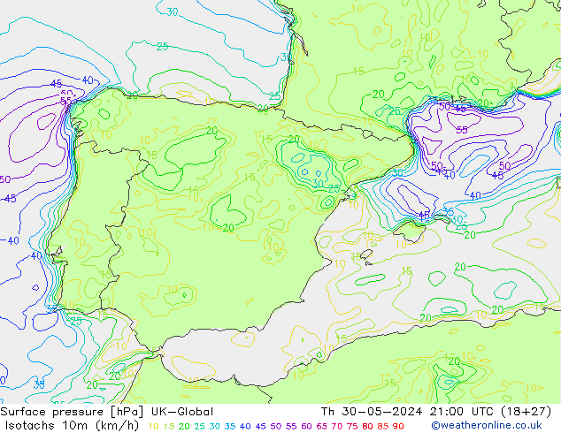 Isotachs (kph) UK-Global чт 30.05.2024 21 UTC