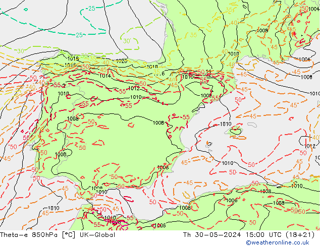 Theta-e 850hPa UK-Global Per 30.05.2024 15 UTC