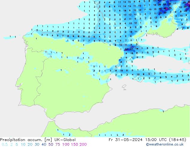 Precipitation accum. UK-Global Fr 31.05.2024 15 UTC