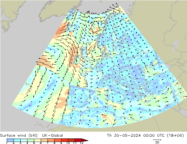 Wind 10 m (bft) UK-Global do 30.05.2024 00 UTC