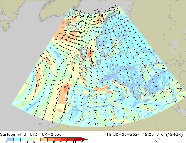 Rüzgar 10 m (bft) UK-Global Per 30.05.2024 18 UTC