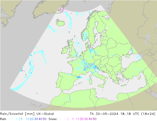 Rain/Snowfall UK-Global gio 30.05.2024 18 UTC