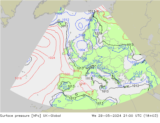 Presión superficial UK-Global mié 29.05.2024 21 UTC
